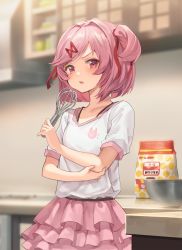 Rule 34 | 1girl, blurry, blurry background, bowl, cowboy shot, doki doki literature club, food, hair ornament, hairclip, highres, indoors, looking at viewer, natsuki (doki doki literature club), nogi momoko, open mouth, pink eyes, pink hair, pink skirt, shirt, short hair, skirt, solo, standing, tsundere, two side up, whip, white shirt
