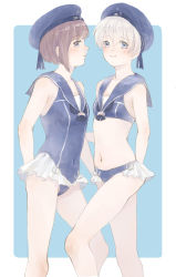 Rule 34 | 10s, 2girls, adapted costume, anchor, bikini, blue eyes, brown hair, casual one-piece swimsuit, covered navel, frilled swimsuit, frills, from side, hat, kantai collection, multiple girls, navel, nikawa, one-piece swimsuit, sailor bikini, sailor collar, short hair, silver hair, simple background, smile, swimsuit, z1 leberecht maass (kancolle), z3 max schultz (kancolle)