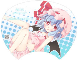 Rule 34 | 1girl, alternate costume, aogiri sei, bat wings, bloomers, blue hair, camisole, collarbone, fang, female focus, hat, hat ribbon, navel, open mouth, red eyes, remilia scarlet, ribbon, short hair, sleeveless, solo, touhou, uchiwa (medium), underwear, underwear only, wings
