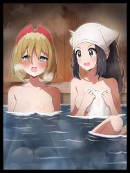 2girls akari_(pokemon) blonde_hair breasts creatures_(company) game_freak irida_(pokemon) medium_breasts multiple_girls nintendo pokemon pokemon_legends:_arceus shabana_may small_breasts