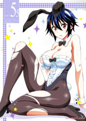 Rule 34 | 10s, 1girl, animal ears, bare shoulders, blue hair, blush, breasts, brown pantyhose, cleavage, cover, fake animal ears, high heels, highres, huge breasts, kaishaku, leotard, looking at viewer, nisekoi, open mouth, pantyhose, playboy bunny, rabbit ears, rabbit tail, red eyes, short hair, sitting, solo, sparkle, tail, torn clothes, torn pantyhose, tsugumi seishirou