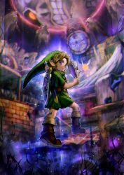 Rule 34 | 1boy, aoki (fumomo), blonde hair, blue eyes, building, fierce deity, fighting stance, from behind, glowing, hat, highres, holding, holding sword, holding weapon, hylian shield, link, looking back, mask, moon, moon (zelda), navi, night, night sky, nintendo, pointy ears, ready to draw, revision, shield, shield on back, sky, sword, tatl, the legend of zelda, the legend of zelda: majora&#039;s mask, transparent, weapon, weapon on back, wings, young link