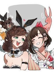 Rule 34 | ..., 2girls, :d, animal, animal ears, animal on head, apron, arm belt, bare shoulders, bear, beer mug, black bow, black bowtie, black leotard, bow, bowtie, braid, breasts, brown hair, bunny bunny (reverse:1999), cleavage, collar, cropped torso, cup, detached collar, fake animal ears, flower, frilled apron, frilled collar, frills, frog hair ornament, green eyes, grey background, grin, hair bow, hair ornament, highres, holding, holding cup, japanese clothes, kaeru (uj26cobrsv), kimono, leotard, long hair, looking at another, looking to the side, low twin braids, maid, mug, multiple girls, notice lines, on head, open mouth, pink flower, playboy bunny, rabbit, rabbit ears, rabbit ornament, red bow, reverse:1999, satsuki (reverse:1999), short hair, smile, spoken ellipsis, strapless, strapless leotard, striped clothes, striped kimono, teeth, traditional bowtie, twin braids, two-tone background, upper body, upper teeth only, vertical-striped clothes, vertical-striped kimono, wa maid, white apron, white background, white flower, yellow kimono