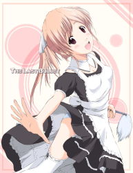 Rule 34 | 1girl, apron, blonde hair, blush, duster, eviryun, maid, maid apron, open mouth, original, outstretched arm, panties, pantyshot, pink hair, purple eyes, solo, striped clothes, striped panties, thighhighs, underwear, white thighhighs
