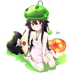 Rule 34 | 1girl, animal ears, bare shoulders, black hair, blush, breasts, closed mouth, dated, dress, ejami, ekko (ejami), flag, fox ears, fox girl, fox tail, hand fan, jewelry, long hair, looking at viewer, maplestory, mushroom, necklace, original, red eyes, signature, sitting, slime (maplestory), small breasts, smile, tail, white background