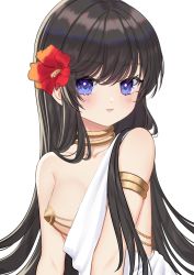 Rule 34 | 10years, 1girl, armlet, bare shoulders, black hair, blue eyes, blush, breasts, chain, collar, collarbone, commentary, dress, english commentary, flower, hair flower, hair ornament, hibiscus, highres, jewelry, long hair, looking at viewer, medium breasts, metal collar, one breast out, original, parted lips, pasties, red flower, simple background, solo, straight hair, upper body, very long hair, white background, white dress