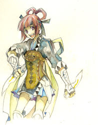Rule 34 | 1girl, :d, arm guards, armor, boots, brown hair, dagger, dual wielding, fingerless gloves, gensou suikoden, gensou suikoden v, gloves, hair rings, holding, kanade (lolipop), knee boots, knife, looking at viewer, miakis (suikoden), open mouth, red eyes, short hair, simple background, smile, solo, standing, weapon, yellow background