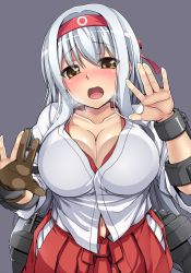 Rule 34 | 10s, 1girl, against glass, blush, breast press, breasts, breasts on glass, brown eyes, hairband, japanese clothes, kantai collection, large breasts, long hair, looking at viewer, open clothes, open mouth, open shirt, satou samu, shirt, shoukaku (kancolle), silver hair, solo