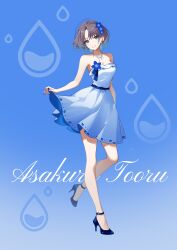 Rule 34 | 1girl, absurdres, ahoge, ankle strap, asakura toru, bare legs, bare shoulders, blue background, blue dress, blue flower, blue footwear, blue theme, breasts, character name, commentary, dress, earrings, fingernails, flower, full body, hair flower, hair ornament, high heels, highres, idolmaster, idolmaster shiny colors, jewelry, looking at viewer, medium breasts, nail polish, purple hair, short hair, skirt hold, smile, solo, strapless, strapless dress, yamakan hoshino
