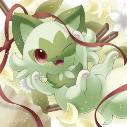 Rule 34 | animal ears, animal focus, cat ears, cinnamon stick, commentary request, creatures (company), fangs, flower, game freak, green fur, hand up, highres, leaf, nintendo, no humans, one eye closed, open mouth, pawpads, petals, pokemon, pokemon (creature), pokemon sv, red eyes, red ribbon, ribbon, sasabunecafe, smile, sprigatito, tail
