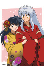 Rule 34 | 1boy, 1girl, :d, animal ears, black hair, brown eyes, closed mouth, couple, crossed arms, floral print, flower, fox ears, grey hair, hair between eyes, hair flower, hair ornament, hetero, highres, higurashi kagome, inuyasha, inuyasha (character), japanese clothes, kimono, long hair, long sleeves, looking at viewer, nail polish, official style, open mouth, orange eyes, pinoko (pnk623), print kimono, red flower, red kimono, smile, standing, twitter username, very long hair, wide sleeves, yellow kimono, yellow nails, yukata