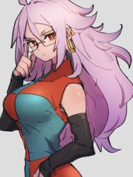 Rule 34 | 1girl, android 21, black sleeves, blue eyes, checkered clothes, checkered dress, detached sleeves, dragon ball, dragon ball fighterz, dress, earrings, glasses, grey background, hoop earrings, jewelry, kemachiku, long hair, looking at viewer, majin android 21, pink hair, red eyes, simple background, solo