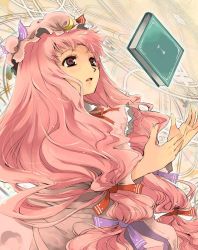 Rule 34 | 1girl, :o, book, brown eyes, crescent, duplicate, female focus, floating, floating object, grimoire, hat, long hair, long sleeves, mob cap, parted lips, patchouli knowledge, pink hair, solo, touhou, very long hair, yuu (kfc)