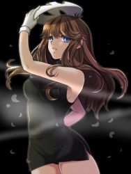 Rule 34 | 1girl, arm up, bare shoulders, black background, black dress, black panties, blue eyes, breasts, brown hair, creatures (company), cropped legs, dress, game freak, gloves, green (pokemon), holding, holding mask, image sample, large breasts, lips, long hair, looking at viewer, mask, mokorei, nintendo, panties, panty peek, parted lips, pokemon, pokemon adventures, short dress, simple background, sleeveless, sleeveless dress, solo, underwear, white gloves
