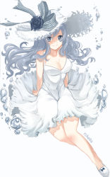 Rule 34 | 1girl, absurdres, arm support, black flower, breasts, cleavage, covered navel, dress, fairy tail, floating hair, flower, full body, grey eyes, grey hair, hat, highres, juvia lockser, large breasts, long hair, looking at viewer, rchella, ribbon, shiny skin, shoes, signature, simple background, sitting, sleeveless, sleeveless dress, smile, solo, striped ribbon, sun hat, white background, white dress, white footwear, white hat