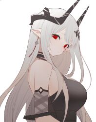Rule 34 | 1girl, arknights, bare shoulders, breasts, closed mouth, commentary request, earrings, from side, grey hair, highres, horns, jewelry, long hair, looking at viewer, looking to the side, medium breasts, mudrock (arknights), pointy ears, red eyes, see-through, simple background, solo, tarutaru yamaoka, upper body, white background