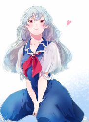 Rule 34 | 1girl, blue dress, blush, breasts, collarbone, dress, heart, highres, kamishirasawa keine, long hair, looking at viewer, medium breasts, mokoiscat, neckerchief, no headwear, pink eyes, puffy short sleeves, puffy sleeves, short sleeves, silver hair, simple background, sitting, smile, solo, touhou, v arms, wariza, wavy hair, white background