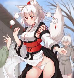 Rule 34 | 1girl, 2boys, animal ears, assisted exposure, blush, breasts, child, commentary request, cowboy shot, day, detached sleeves, hat, highres, inubashiri momiji, japanese clothes, kourindou tengu costume, large breasts, long sleeves, multiple boys, no bra, obi, outdoors, panties, pom pom (clothes), red eyes, red headwear, revision, robe, sash, short hair, sideboob, skirt, skirt flip, solo focus, string panties, sweat, tail, tksand, tokin hat, touhou, underwear, white hair, white panties, wide sleeves, wolf ears, wolf tail