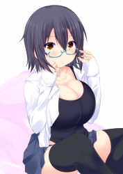 Rule 34 | 10s, 1girl, adjusting eyewear, bad id, bad pixiv id, bespectacled, blush, breasts, cleavage, glasses, haruta (806060), huge breasts, kantai collection, looking at viewer, no eyepatch, open mouth, purple hair, short hair, skirt, solo, tenryuu (kancolle), thighhighs