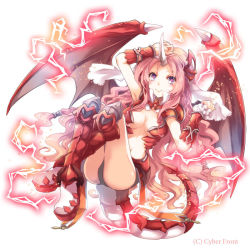 Rule 34 | 1girl, breasts, c:, cleavage, dragon tail, dragon wings, dungeon &amp; valkyrie, full body, horns, looking at viewer, medium breasts, navel, official art, original, pink hair, silver hair, single horn, smile, solo, tail, wings, yamadori ofuu