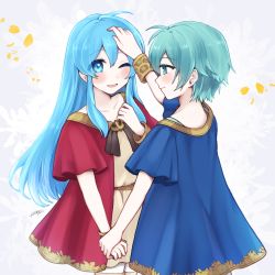 Rule 34 | 1boy, 1girl, aged down, aqua eyes, aqua hair, bracelet, brother and sister, collarbone, eirika (fire emblem), ephraim (fire emblem), fire emblem, fire emblem: the sacred stones, fire emblem heroes, hair between eyes, hand on another&#039;s head, highres, holding hands, jewelry, long hair, misato hao, nintendo, one eye closed, petals, short hair, siblings, sidelocks, signature, smile, twins