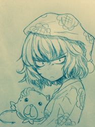 Rule 34 | &gt;:(, 1girl, alternate costume, breasts, closed mouth, commentary request, constricted pupils, duel monster, efukei, floral print, fluffal bear, from side, frown, hair between eyes, hat, holding, holding stuffed toy, kazami yuuka, looking at viewer, medium breasts, monochrome, one-hour drawing challenge, short hair, sleepwear, solo, stuffed animal, stuffed toy, teddy bear, touhou, traditional media, upper body, v-shaped eyebrows, yu-gi-oh!
