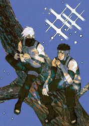Rule 34 | 2boys, arm armor, arm guards, armor, bare shoulders, black footwear, black mask, black pants, black shirt, blue background, bodysuit, brown hair, chest armor, covered face, dappled sunlight, detached sleeves, expressionless, forehead protector, full body, hair between eyes, hands up, hatake kakashi, highres, holding, holding paper, in tree, japanese clothes, knee up, konohagakure symbol, looking at another, looking at object, mask, mouth mask, multiple boys, muozu, naruto, naruto (series), naruto shippuuden, ninja, ninja mask, pants, paper, scar, scar across eye, shirt, short hair, sitting, sitting in tree, sparkle, spiked hair, sunlight, thigh strap, toeless footwear, tree, white hair, yamato (naruto)