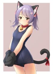 Rule 34 | 1girl, animal ear fluff, animal ears, animal hands, bare shoulders, bell, black gloves, blue one-piece swimsuit, blush, bow, breasts, brown background, brown eyes, cat ears, cat girl, cat tail, closed mouth, collar, collarbone, commentary request, gloves, hair ornament, hairclip, highres, jingle bell, looking at viewer, neck bell, old school swimsuit, one-piece swimsuit, original, paw gloves, paw hair ornament, purple hair, red bow, red collar, school swimsuit, shibacha, small breasts, solo, swimsuit, tail, tail bow, tail ornament, twitter username, two-tone background, white background