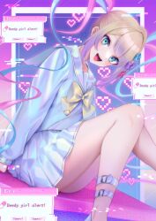 Rule 34 | 1girl, :d, blonde hair, blue bow, blue eyes, blue hair, blue serafuku, blue shirt, blue skirt, bow, chouzetsusaikawa tenshi-chan, commentary, english commentary, english text, error message, feet out of frame, glitch, hair bow, highres, hira icigocha, knees up, long hair, long sleeves, looking at viewer, miniskirt, multicolored hair, multiple hair bows, needy girl overdose, open mouth, pill, pink bow, pink hair, pleated skirt, purple bow, quad tails, sailor collar, school uniform, serafuku, shirt, sitting, skirt, smile, solo, window (computing), yellow bow