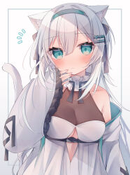 Rule 34 | 1girl, animal ears, aqua eyes, aqua hairband, bare shoulders, blush, breasts, cat ears, cat girl, cat tail, cleavage, closed mouth, collarbone, commentary request, dress, frilled sleeves, frills, gradient background, grey background, grey hair, hair between eyes, hair ornament, hairband, hairclip, heart, heart hair ornament, highres, long hair, long sleeves, looking at viewer, medium breasts, notice lines, original, ringouulu, see-through, see-through cleavage, sleeves past wrists, solo, tail, tail raised, twitter username, very long hair, white background, white dress, wide sleeves