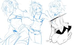 Rule 34 | &gt;:d, 1girl, :d, alternate costume, breasts, denim, denim shorts, eyebrows, fate/apocrypha, fate/grand order, fate (series), groin, highres, jeans, kneeling, kotneciii, lineart, mordred (fate), mordred (fate/apocrypha), mordred (memories at trifas) (fate), multiple views, navel, open mouth, pants, ponytail, shorts, sketch, skirt, small breasts, smile, underboob, v-shaped eyebrows, white background