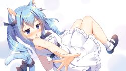 Rule 34 | &gt;:(, 1girl, animal ears, black bow, blue hair, blush, bow, breasts, cat ears, cat girl, cat tail, double-parted bangs, dress, foreshortening, frilled dress, frills, hair bow, looking at viewer, mary janes, mauve, original, outstretched hand, purple eyes, ronne-chan (mauve), sash, shoes, small breasts, solo, tail, tail bow, tail ornament, textless version, third-party source, twintails, underbust, v-shaped eyebrows, white dress