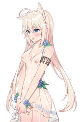 Rule 34 | 1girl, @ @, absurdres, ahoge, animal ear fluff, animal ears, areola slip, armlet, bandaid, bandaid on pussy, bandaids on nipples, blue eyes, blue flower, blush, breasts, cat ears, cleavage, dress, flower, hair between eyes, highres, long hair, looking away, looking down, medium breasts, open mouth, original, pasties, saliva, see-through, silver hair, simple background, sleeveless, sleeveless dress, solo, straight hair, sweat, topu, very long hair, white background, white dress, wristband