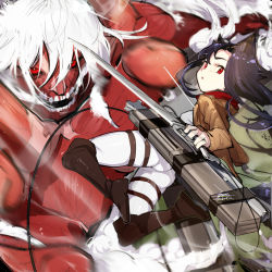 Rule 34 | 1girl, animal ears, black hair, boots, breasts, brown footwear, brown jacket, commentary request, dated, ejami, ekko (ejami), fox ears, fox girl, giant, holding, holding weapon, jacket, long hair, looking at viewer, original, paradis military uniform, red eyes, shingeki no kyojin, signature, sword, tail, thigh strap, three-dimensional maneuver gear, weapon, white hair