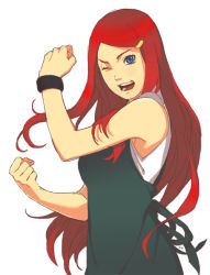 Rule 34 | 1girl, blue eyes, female focus, hair ornament, hairclip, long hair, naruto (series), naruto shippuuden, omaomgr, one eye closed, open mouth, red hair, simple background, solo, uzumaki kushina, white background, wink