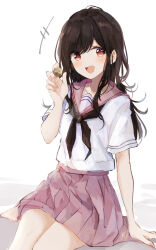 Rule 34 | 1girl, :d, bad id, bad twitter id, black neckerchief, brown hair, coin, holding, holding coin, light blush, long hair, looking at viewer, neckerchief, open mouth, orange eyes, original, pink sailor collar, pink skirt, sailor collar, school uniform, shiina kuro, shirt, short sleeves, simple background, skirt, smile, solo, white background, white shirt