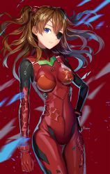 Rule 34 | 1girl, artist name, blue eyes, bodysuit, breasts, breasts apart, brown hair, closed mouth, cowboy shot, eyepatch, floating hair, hand on own hip, headgear, highres, interface headset, long hair, looking at viewer, neon genesis evangelion, plugsuit, posom, red background, red bodysuit, skin tight, small breasts, solo, souryuu asuka langley, standing, thigh gap