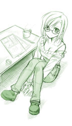 Rule 34 | 1girl, asymmetrical hair, breasts, cleavage, coffee, from above, glasses, green theme, himura kiseki, hugging own legs, looking at viewer, monochrome, off shoulder, original, sitting, sketch, smile, solo, strap slip, sweater