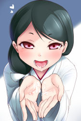 Rule 34 | 1girl, bad id, bad pixiv id, black hair, blush, cum, cum in mouth, cum on body, cum on hands, cum on tongue, cum on upper body, cupping hands, hair over shoulder, kuase, long hair, looking at viewer, open mouth, oral invitation, own hands together, red eyes, sexually suggestive, smile, solo, tokyo 7th sisters, tongue, tongue out, yukuhashi ei