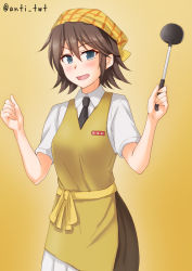 Rule 34 | 1girl, :d, anti (untea9), apron, black necktie, blue eyes, blush, brown hair, brown skirt, c2 kikan, collared shirt, commentary request, cosplay, gradient background, hair between eyes, hiei (kancolle), highres, kantai collection, looking at viewer, necktie, open mouth, re-ka-chan, re-ka-chan (cosplay), shirt, short hair, simple background, skirt, smile, solo, twitter username, white shirt, yellow apron, yellow background