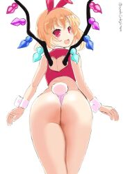 Rule 34 | 1girl, :d, animal ears, ass, ass focus, back cutout, blonde hair, clothing cutout, commentary request, cowboy shot, crystal, fake animal ears, fake tail, flandre scarlet, hamaburicchi, looking at viewer, looking back, open mouth, rabbit ears, rabbit tail, red eyes, short hair, simple background, smile, solo, tail, thighs, touhou, twitter username, white background, wings, wrist cuffs