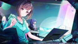 Rule 34 | 2girls, aqua hoodie, asahina mafuyu, bed, black hoodie, blue hair, book, brown eyes, brown hair, collarbone, commentary, copyright notice, curtains, highres, holding, holding stylus, hood, hoodie, jacket, lens flare, long hair, looking at viewer, looking to the side, mouse (computer), multiple girls, muto (n0sug4r), negai wa itsuka asa wo koete (project sekai), open book, parted lips, ponytail, project sekai, shinonome ena, shirt, short-sleeved jacket, short hair, short sleeves, sidelocks, signature, splatter, stuffed toy, stylus, tablet pc, white shirt