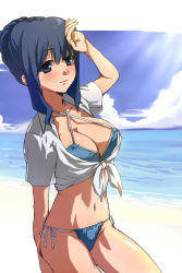 Rule 34 | 1girl, bad id, bad pixiv id, beach, bikini, black hair, blue eyes, blue hair, blush, breasts, cleavage, cloud, day, front-tie top, large breasts, matching hair/eyes, ocean, open clothes, open shirt, original, outdoors, shirt, side-tie bikini bottom, sky, smile, solo, swimsuit, tied shirt, xiangtu
