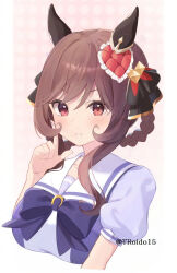Rule 34 | 1girl, animal ears, blue bow, blue shirt, blush, bow, braid, breasts, brown hair, commentary request, cropped torso, gentildonna (umamusume), glaze artifacts, hair between eyes, hair ornament, hair rings, hand up, heart, heart hair ornament, highres, horse ears, looking at viewer, medium breasts, parted lips, pink background, polka dot, polka dot background, puffy short sleeves, puffy sleeves, red eyes, roido (taniko-t-1218), shirt, short sleeves, smile, solo, twitter username, umamusume, upper body