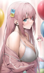 Rule 34 | 1girl, absurdres, arm under breasts, balloon, bare shoulders, bikini, bikini top only, bikini under clothes, blue eyes, blurry, blurry background, bocchi the rock!, breast hold, breasts, cleavage, commentary request, cube hair ornament, from side, gotoh hitori, hair intakes, hair ornament, hibimaru, highres, jacket, large breasts, long hair, long sleeves, looking at viewer, off shoulder, one side up, open clothes, open jacket, parted lips, pink jacket, raised eyebrows, revision, sidelocks, sleeves past fingers, sleeves past wrists, solo, strap gap, string bikini, sweatdrop, swimsuit, upper body, white bikini