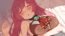 Rule 34 | 1girl, :o, absurdres, alternate hairstyle, arm under breasts, ascot, bare arms, bare shoulders, bed sheet, blush, breasts, brown vest, closed eyes, commentary request, hair down, highres, hololive, houshou marine, large breasts, long hair, lying, on back, on bed, open mouth, pillow, purple hair, red ascot, sleeping, sleeveless, solo, tonarikeru, vest, virtual youtuber