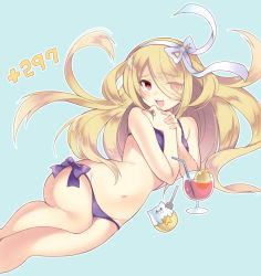 Rule 34 | 1girl, :d, adapted costume, bikini, blonde hair, blue background, blush, bow, drink, drinking straw, eyes visible through hair, fork, gold egg (p&amp;d), hair ribbon, hairband, kaki s, long hair, lying, navel, on side, open mouth, outline, own hands together, pandora (p&amp;d), purple bikini, purple bow, puzzle &amp; dragons, red eyes, ribbon, side-tie bikini bottom, simple background, smile, solo, star (symbol), swimsuit, tamadra, white ribbon