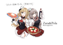Rule 34 | 2girls, alcohol, ascot, bare shoulders, blonde hair, bottle, bow, bowtie, braid, breasts, cleavage cutout, clothing cutout, corset, cup, drinking glass, food, french braid, grey hair, hair between eyes, hat, highres, italian text, kantai collection, large breasts, layered skirt, long hair, long sleeves, looking at viewer, mini hat, miniskirt, morinaga miki, multiple girls, neckerchief, necktie, one eye closed, pizza, pola (kancolle), red skirt, remodel (kantai collection), shirt, side braid, skirt, smile, thigh strap, wavy hair, white shirt, wine, wine bottle, wine glass, zara (kancolle)