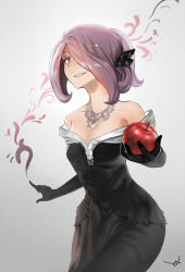 Rule 34 | 10s, 1girl, alternate costume, apple, bare shoulders, black dress, black gloves, dress, eyelashes, food, fruit, gloves, hair ornament, hair over one eye, hat, highres, jewelry, lipstick, little witch academia, long hair, looking at viewer, makeup, necklace, parted lips, red eyes, short hair, smile, solo, sucy manbavaran, witch, witch hat, yuushoku