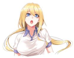 Rule 34 | 1girl, ataru (cha2batake), blonde hair, blouse, blue eyes, breasts, eyebrows hidden by hair, hair between eyes, long hair, looking at viewer, open mouth, original, shirt, simple background, solo, twintails, upper body, white background